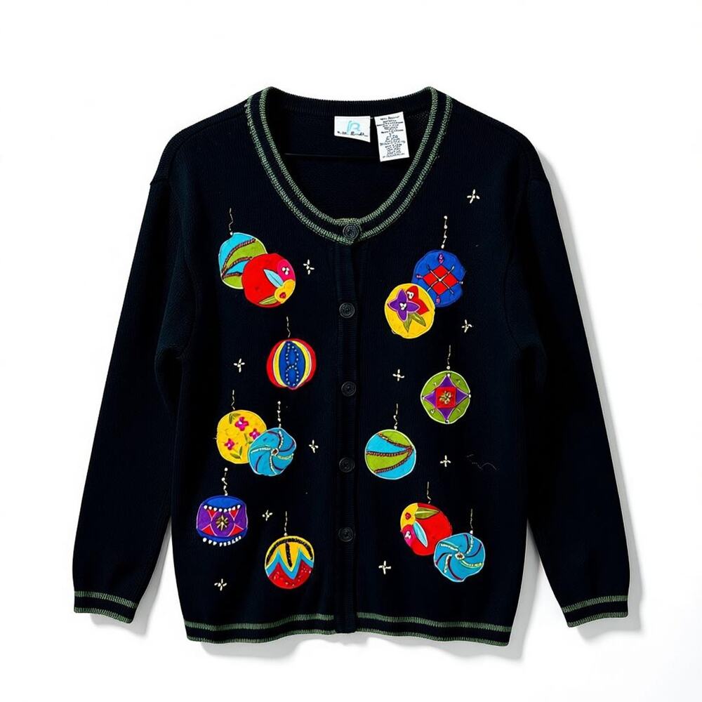 Vintage Bobbie Brooks Embroidered Ornament Cardigan Black Knit Women’s Size M